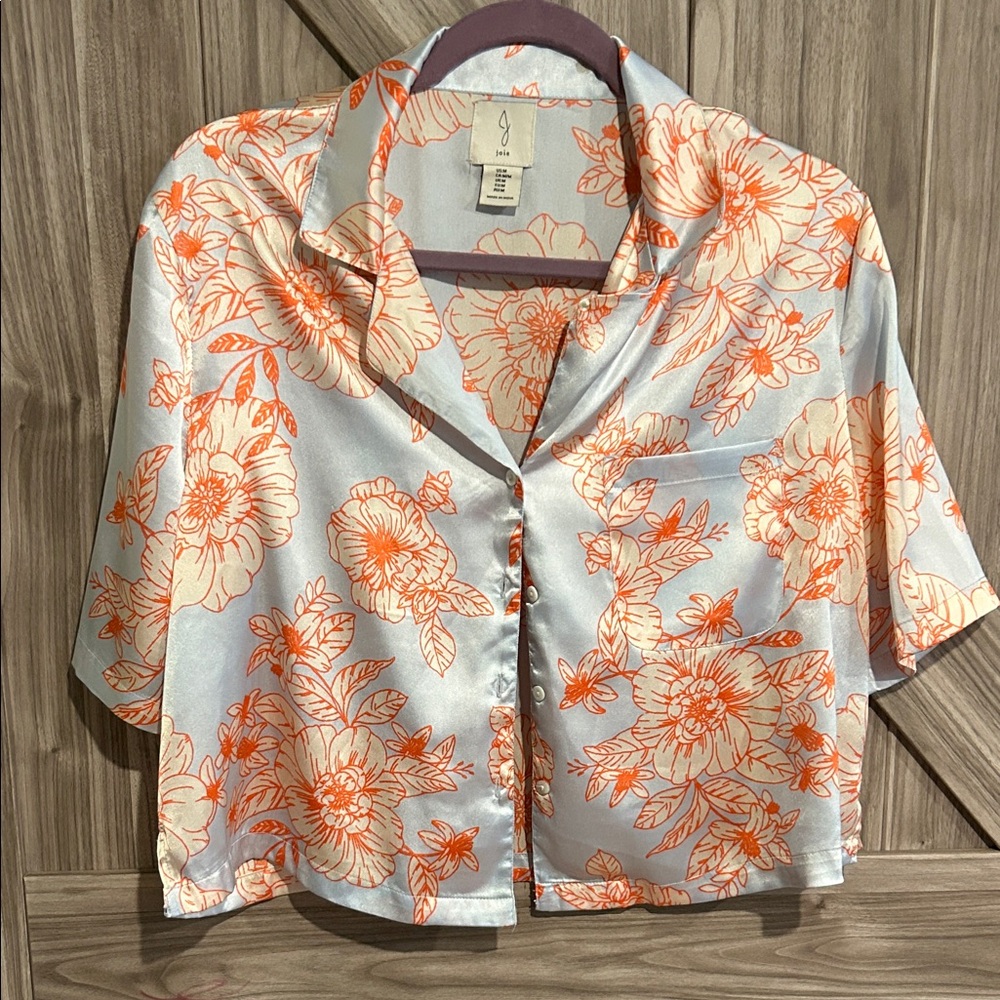 Joie Orange and White Floral Satin Button-Down Shirt
